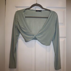 Boohoo Size 8 Twist-front, Cropped Sage Green Top